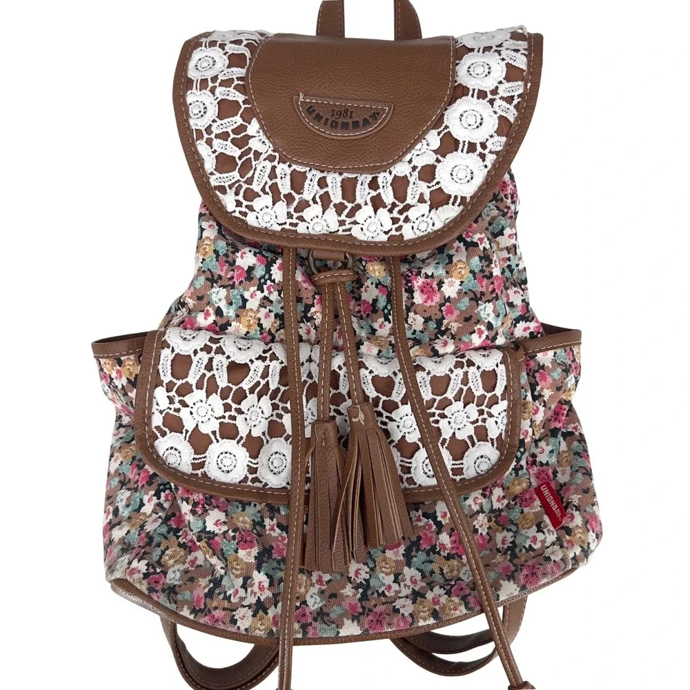 Vintage Unionbay Womens Backpack Brown Floral‎ Lace Cottagecore Coquette Boho
